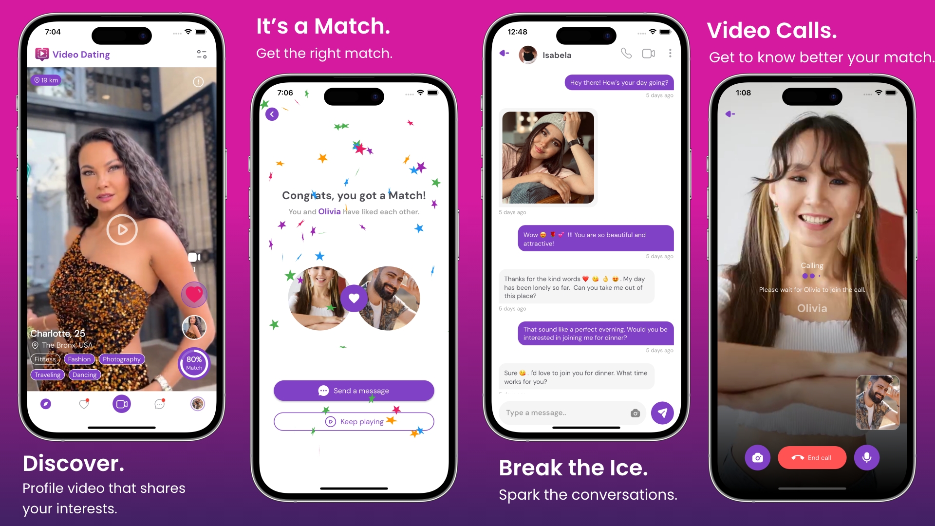 Discover, Match, Chat and Video Call screens