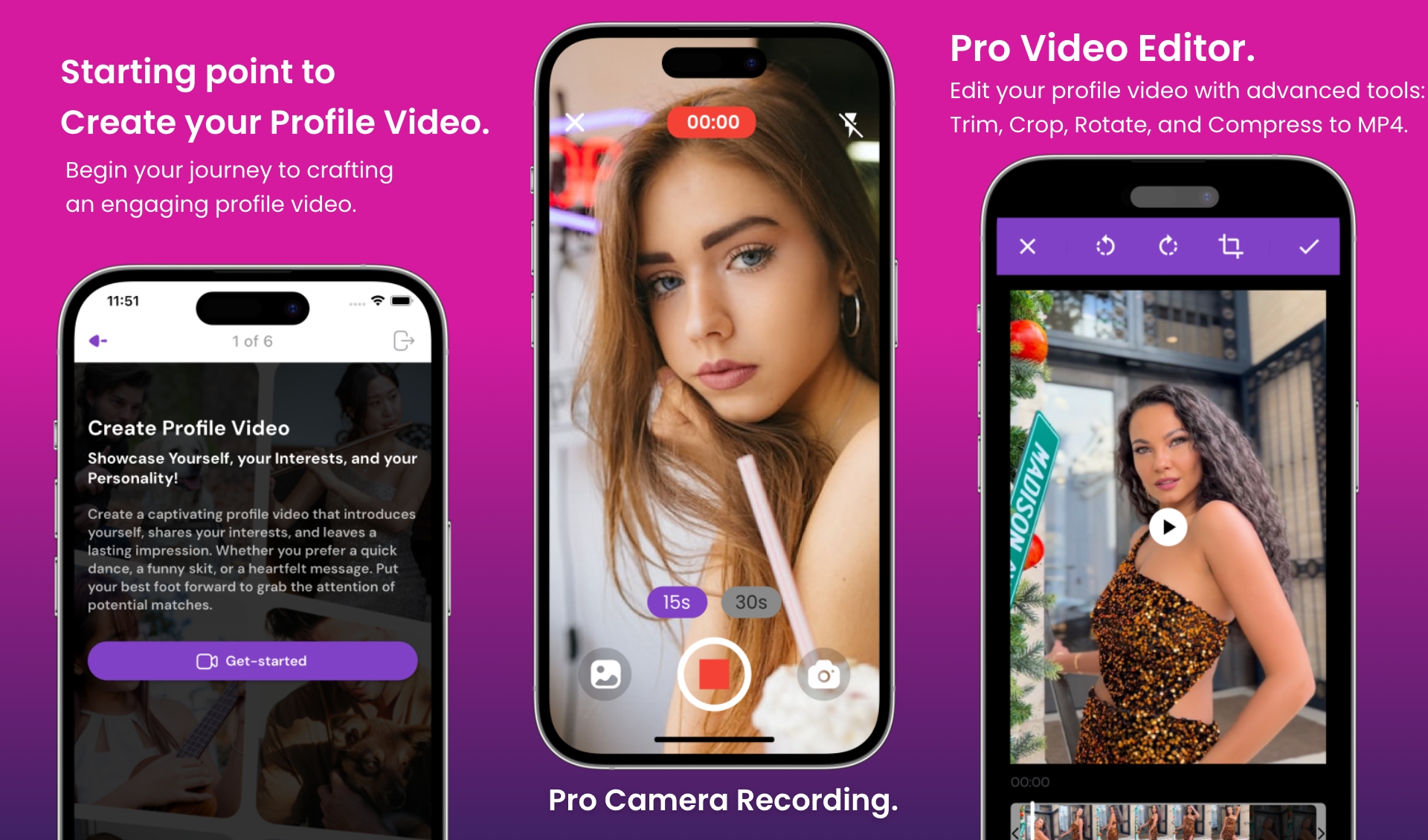 Create Profile Video, Record Video and Video Editor screens