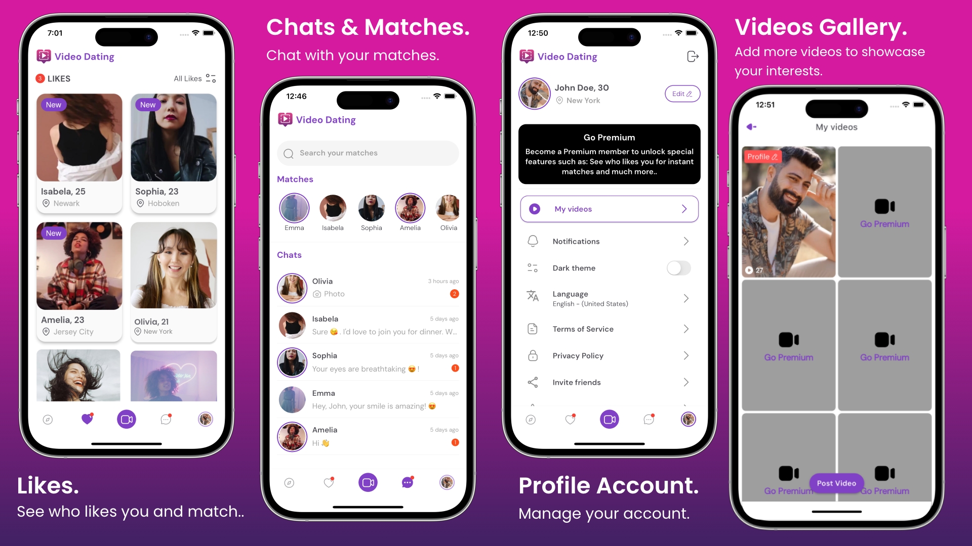 Likes, Chats & Matches, Profile Account and Videos Gallery screens