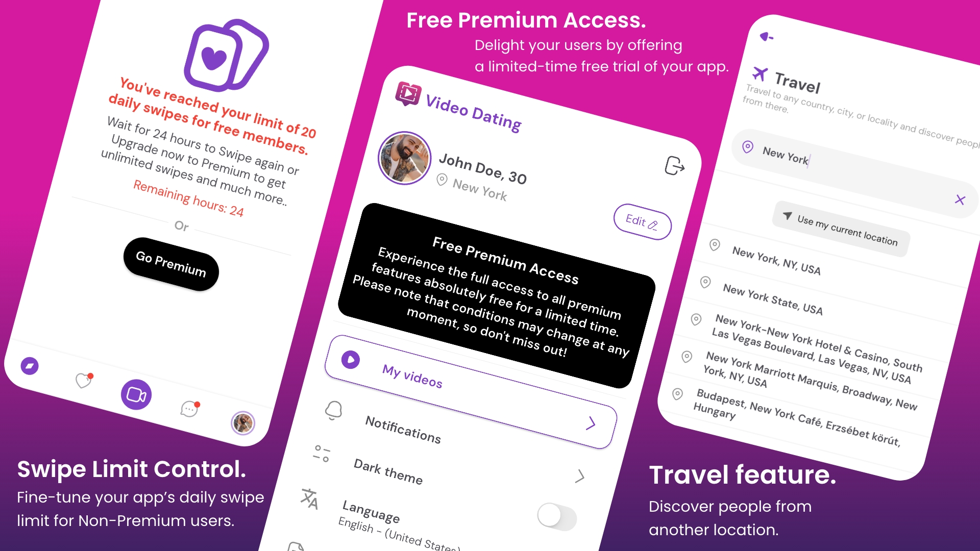 Swipe limit, Free Premium Access and Travel features