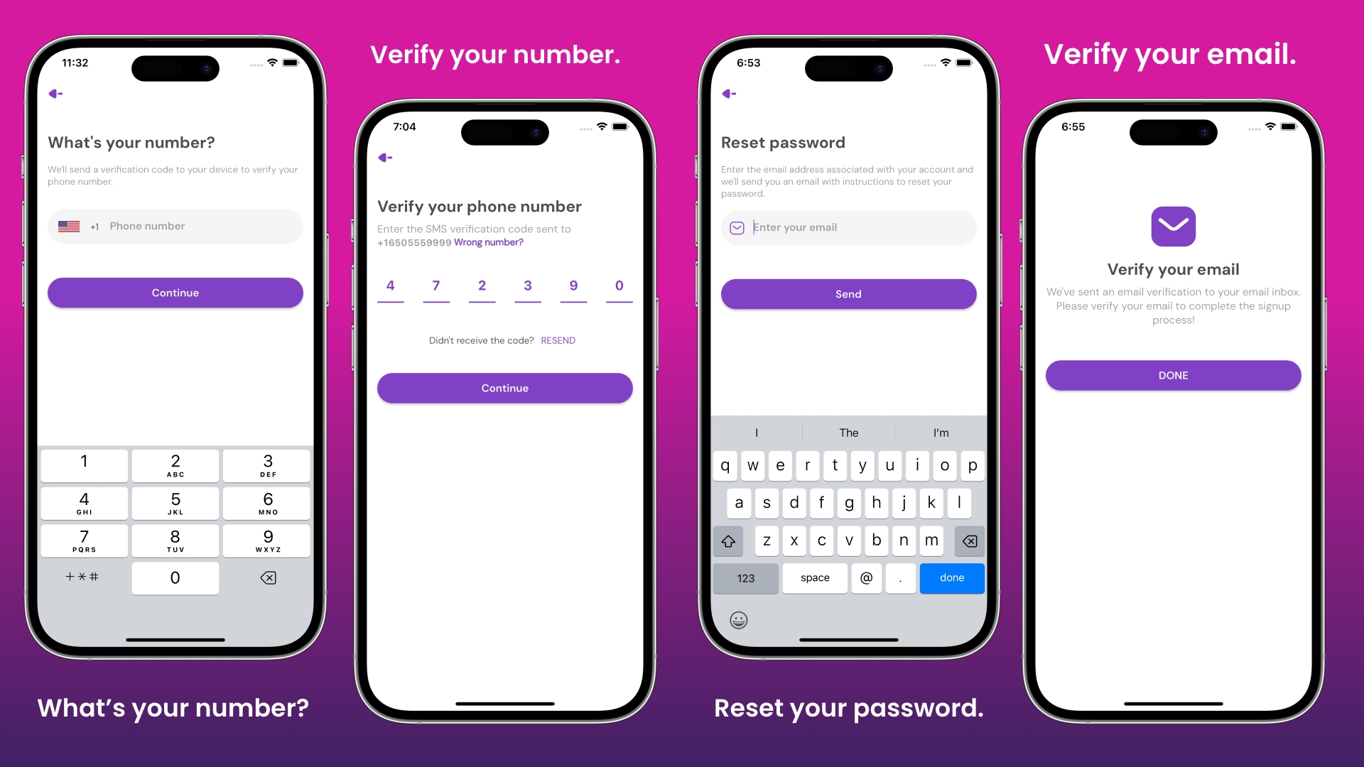 What’s your number, Verify your number, Reset your password and Verify your email screens